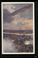 Künstler-AK Themistokles Von Eckenbrecher: Antwerpen, Zeppelin über Der Stadt  - Luchtschepen