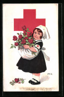 Künstler-AK P. O. Engelhard (P.O.E.): Rotes Kreuz, Krankenschwester Mit Rosen  - Cruz Roja