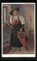 Cartolina Junge Frau Mit Schirm In Tracht Aus Dem Pfitschtal Am Brenner  - Unclassified