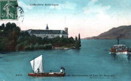 (RECTO / VERSO) AIX LES BAINS - N° 2282 - LAC DU BOURGET ET ABBAYE D' HAUTECOMBE AVEC BATEAUX - CPA COULEUR - Aix Les Bains