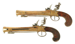 WHELLER. A GOOD PAIR OF EARLY 19TH CENTURY BRONZE FRAMED BOXLOCK BLUNDERBUSS PISTOLS WITH UNDER - Armas De Colección