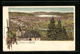 Lithographie Zürich, Teilansicht, Wanderstab & Hut  - Other & Unclassified