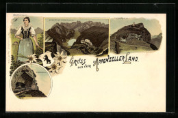 Lithographie Appenzell, Aussicht Vom Hohenkasten, Wildkirchli, Edelweiss, Wappen  - Appenzell