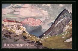 Künstler-AK Carl Moos: Berghütte Watzmannhaus, Sect. München D.D.Ö.A.V., Panorama  - Moos, Carl