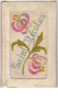 N°9804 - Carte Brodée - Saint Nicolas - Fleurs Roses - Borduurwerk