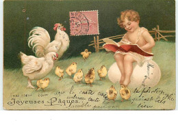 N°13979 - Carte Gaufrée - Clapsaddle - Joyeuses Pâques - Ange Faisant La Lecture à Une Poule, Un Coq Et Des Poussins - Pasen