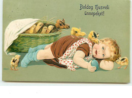 N°9835 - Carte Fantaisie Gaufrée - Boldog Husveli ünnepaket - Bébé Allongé + Poussins - Pasen