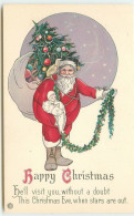 N°15298 - Happy Christmas - Santa Claus Avec Une Guirlande Et Portant Un Sac Rempli De Cadeaux Et D'un Sapin - Kerstman