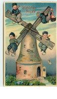 N°10739 - Carte Fantaisie - Glücliches Neujahr - Enfants Accrochés Aux Ailes D'un Moulin - Nouvel An