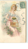 N°6643 - Carte  Gaufrée - Bonne Année - Femme Avec Une Cage Et Des Oiseaux - Nouvel An