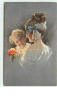 N°8744 - Carte Illustrateur - N°20887 - Femme Avec Fillette Bouquet De Fleur - Andere & Zonder Classificatie