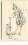 N°16346 - Heureuse Fête - Jeune Femme Regardant Un Cochon Faisant Des Acrobaties - Autres & Non Classés