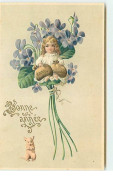 N°6646 - Carte  Gaufrée - Bonne Année - Fillette Dans Un Bouquet De Violettes Avec Des Sacs De Pièces - Cochon - Nouvel An