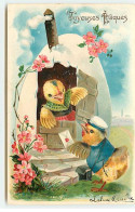 N°18426 - Carte Gaufrée - Joyeuses Pâques - Poussins Habillés, L'un Apportant Une Lettre - Pasen