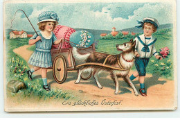 N°18427 - Carte Gaufrée - Ein Glückliches Osterfest - Enfants à Côté D'un Chien Tirant Une Charette Remplie D'oeufs - Easter