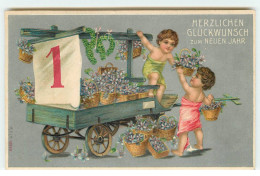N°17445 - Carte Gaufrée - Enfants Mettant Des Paniers De Fleurs Dans Une Charrette - Nieuwjaar