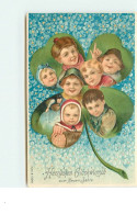 N°15121 - Carte Gaufrée - Herzlichen Glückwunsch Zum Neuen Jahre - Portraits D'enfants Dans Un Trèfle à 4 Feuilles - Nieuwjaar
