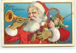 N°16269 - Carte Gaufrée - Merry Christmas - Père Noël Jouant De La Trompette - Autres & Non Classés