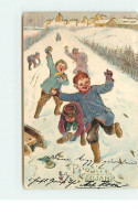 N°15124 - Carte Gaufrée - Prosit Neujahr - Enfants Faisant Une Bataille De Neige - Nouvel An