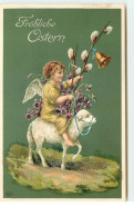 N°16281 - Carte Gaufrée - Fröhliche Ostern - Ange Sur Un Mouton - Easter