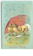 N°12883 - Carte Gaufrée - Joyeuses Pâques - Poussins Sous Un Parapluie - Pasen