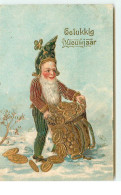 N°16291 - Carte Gaufrée - Gelukkig Nieuwjaar - Lutin Avec Une Hotte Remplie De Pièces D'or - Nieuwjaar