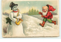 N°16293 - Gelukkig Nieuwjaar - Lutin Courrant Vers Un Bonhomme De Neige Jouant Du Saxophone - Nieuwjaar