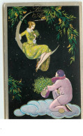 N°15160 - Bonne Année - Style Chiostri - Pierrot Offrant Des Fleurs à Une Jeune Femme Assise Sur Un Croissant De Lune - New Year
