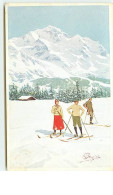 N°9723 - Pellegrini - Deux Hommes Et Une Femme Sur Des Skis - Andere & Zonder Classificatie