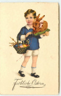N°15188 - Fröhliche Ostern - Garçon Portant Un Panier Rempli D'oeuf, Et Un Lièvre - Easter