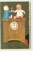 N°6530 - Carte Gaufrée - Prosit Neujahr - Enfants Trinquant Sur Une Horloge - Flatscher - Nieuwjaar