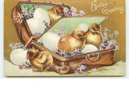 N°15190 - Easter Greeting - Poussins Dans Un Sac De Voyage Remplie D'oeufs Et De Fleurs - Pasen