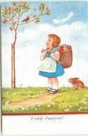 N°15193 - Vrolijk Paaschfeest - Fillette Portant Une Hotte Remplie D'oeuf, Avec Un Lapin, Regardant Un Oiseau Chantant - Easter