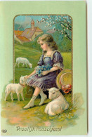 N°15195 - Carte Gaufrée - Vroolijk Paaschfeest - Fillette Avec Des Moutons - Pasen