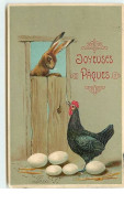 N°9685 - Carte Fantaisie Gaufrée - Joyeuses Pâques - Poule Et Lapin - Pasen