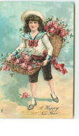 N°6587 - Carte Gaufrée - A Happy New Year - Garçon Avec Des Corbeilles De Fleurs N°2 - Nouvel An