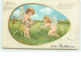 N°9736 - Carte Gaufrée - Fröhliche Ostern - Anges Ramassant Des Oeufs - Easter
