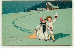 N°7687 - Carte Fantaisie - Glückliches Neues Jahr - Enfants Dans Un Paysage Hivernal - Nieuwjaar