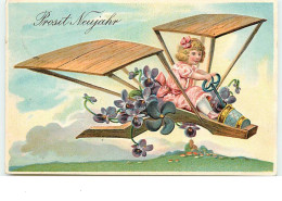 N°13938 - Carte Gaufrée - Prosit Neujahr - Fillette Pilotant Un Avion - New Year