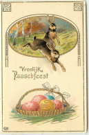 N°15199 - Carte Gaufrée - Vroolijk Paaschfeest - Lièvres Et Panier Rempli D'oeufs - Easter