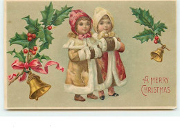 N°11742 - Carte Fantaisie Gaufrée - A Merry Christmas - Enfants Et Manchons - Cloches - Otros & Sin Clasificación