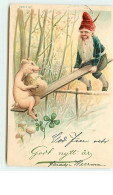 N°11743 - Carte Fantaisie Gaufrée - Godt Nytt Ar - Nain, Lutin Faisant De La Balancelle Avec Un Cochon - Año Nuevo