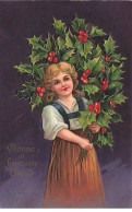 N°23975 - Carte Gaufrée - Bonne Et Heureuse Année - Jeune Fille Portant Des Branches De Houx - Nieuwjaar
