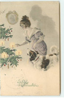 N°22925 - Fröhliche Weihnachten - Jeune Femme Allumant Les Bougies D'un Sapin Avec Un Chien - Altri & Non Classificati