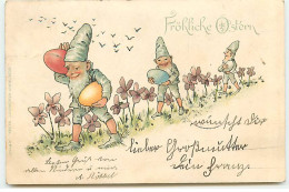 N°22918 - Pâques - Fröhliche Ostern - Nains Portant Des Oeufs, Marchant Au Milieu De Violettes - Pasen