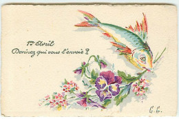 N°22921 - 1er Avril - Devinez Qui Vous L'envoie ? - Poisson Tenant Des Fleurs - Carte Peinte à La Main - 1er Avril - Poisson D'avril