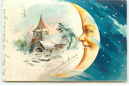 N°22945 - Fantaisie - Un Croissant De Lune Humanisé Regardant Une église Enneigée - Autres & Non Classés