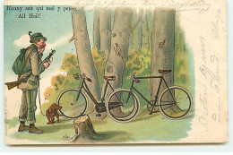 N°22949 - Honny Soit Qui Mal Y Pense - Chasseur Et Son Teckel Regardant Des Vélos - Chasse - Other & Unclassified