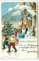 N°21774 - Fröhliche Weihnachten - Nains Apportant Des Cadeaux Et Un Sapin - Otros & Sin Clasificación