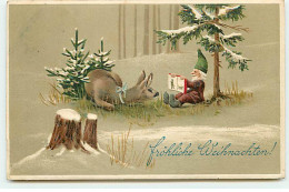 N°21782 - Carte Gaufrée - Fröhliche Weihnachten - Lutin, Nain Montrant Un Livre à Une Biche - Sonstige & Ohne Zuordnung